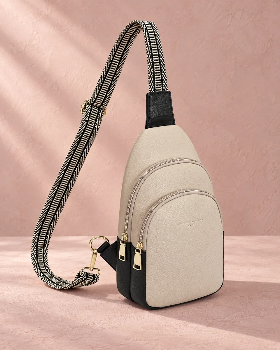 INICAT Apricot Black sling showing a patterned woven strap