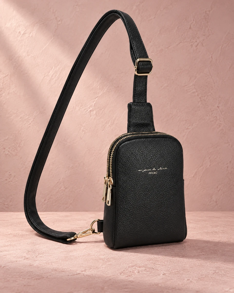 INICAT Black mini zip sling with its shoulder strap